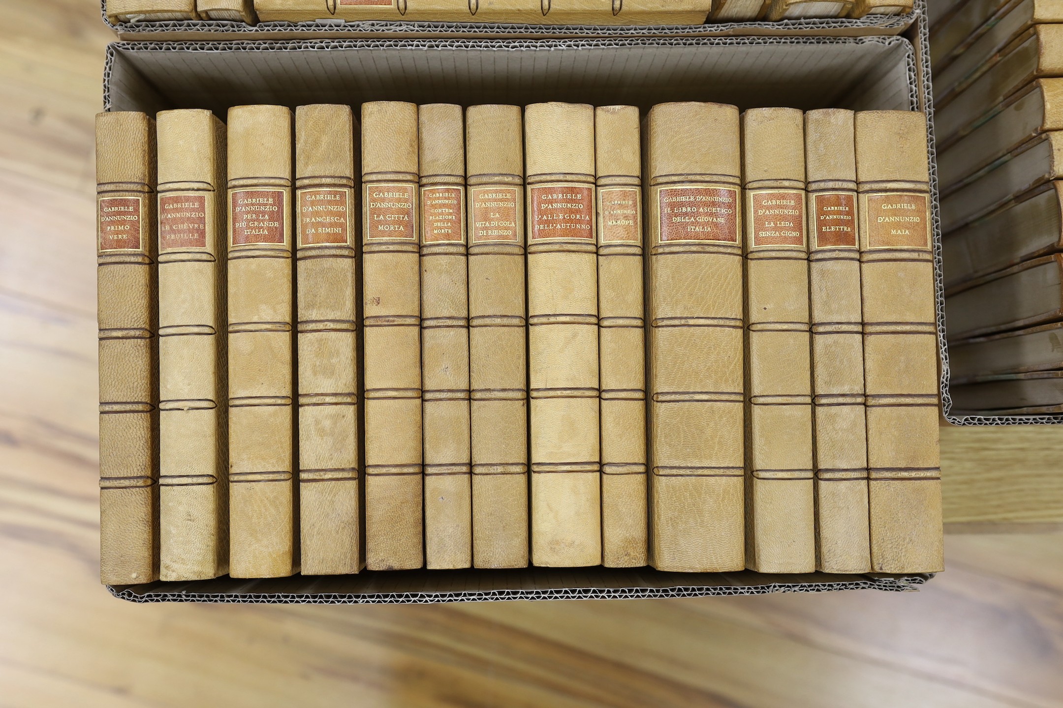 D'Annunzio, Gabriele - (Collected Writings, Instituto Nazionale Edition). 40 vols. photo plates and facsimiles; publisher's tan half morocco and marbled boards, panelled spines with red labels, gilt tops, partly unopened